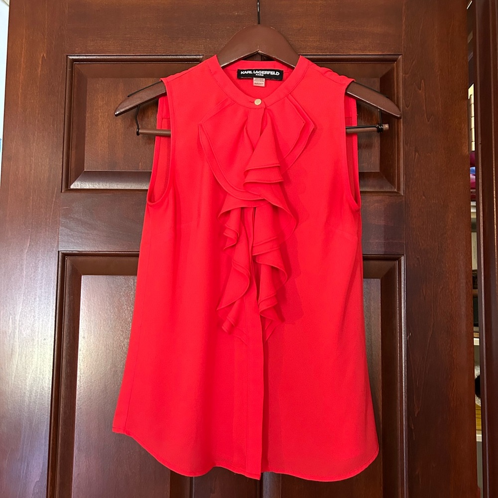 Karl Lagerfeld Paris Red Ruffle Sleeveless Blouse XS Career Top